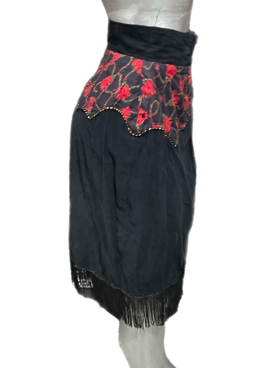 Vintage Black Fringe Wrap Skirt Red Floral Appliqué Festival Dance Tango Small - Picture 3 of 8